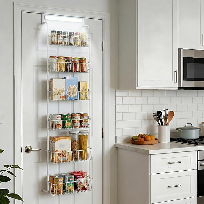 Over Door Organizer Storage - 6 Tier White Metal Over the Door Pantry Organizer Heavy Duty Hanging Storage Rack, Behind Cabinet Shelves for Home, Kitchen, Bathroom, Closet, Pantry