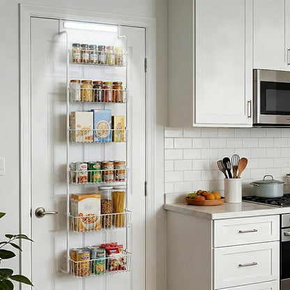 Over Door Organizer Storage - 6 Tier White Metal Over the Door Pantry Organizer Heavy Duty Hanging Storage Rack, Behind Cabinet Shelves for Home, Kitchen, Bathroom, Closet, Pantry