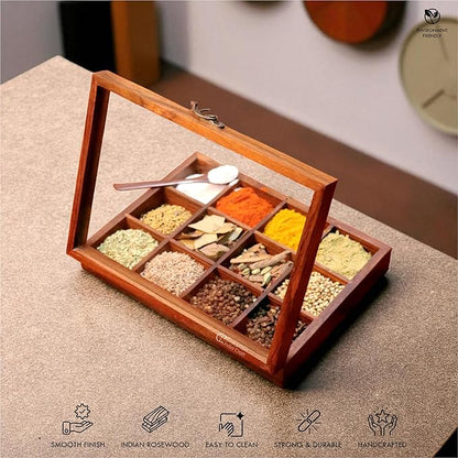 Wooden Spice Box, Masala Container, Condiments Storage Case for Kitchen, Multipurpose Decorative Box - Indian Rosewood Crafted