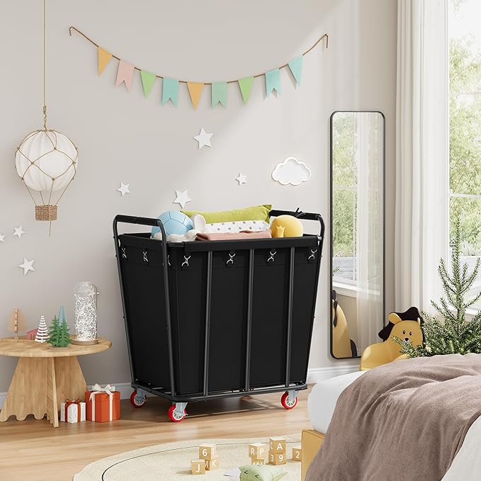Hoctieon Large Laundry Cart with Wheels, 400L Heavy Duty Laundry Basket Organizer, Rolling Hamper Sorter for Clothes Storage, Industrial Dirty Clothes Hamper for Home & Hotel, Black