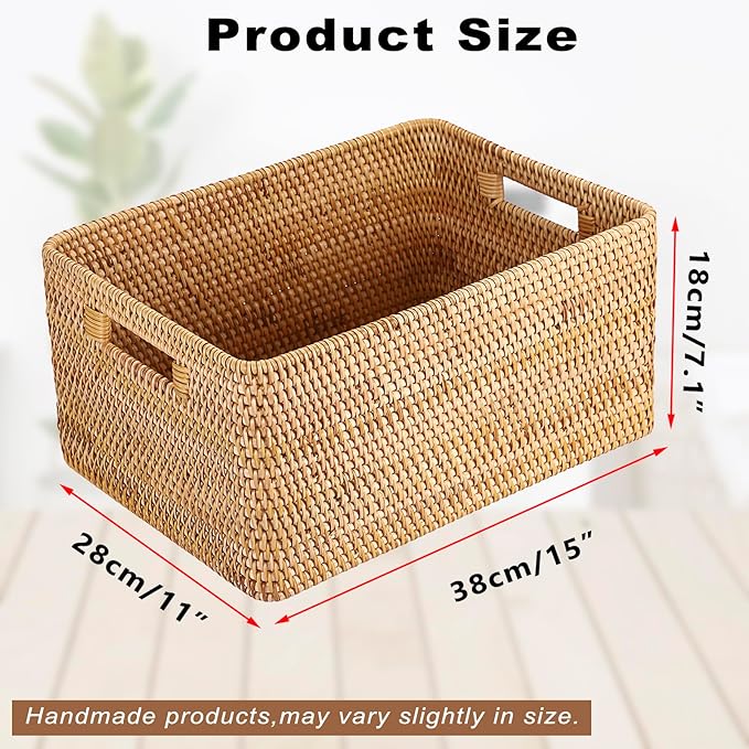 Hipiwe Handwoven Rattan Basket Decorative Natural Wicker Storage Basket Rectangular Wardrobe Home Organizer with Build-in Handles, 15" x 11" x 7.1"