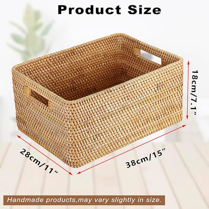 Hipiwe Handwoven Rattan Basket Decorative Natural Wicker Storage Basket Rectangular Wardrobe Home Organizer with Build-in Handles, 15" x 11" x 7.1"