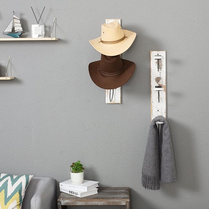MyGift 2 Pcs Hat Rack Wall Mount, Cowboy Hat Organizer Holder, Coat, Cap Clothes Hanger with Metal Wire and Wood Hooks, Whitewashed