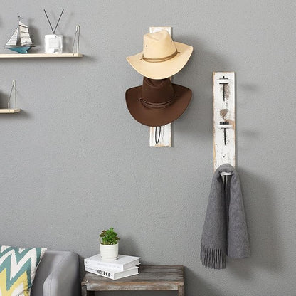 MyGift 2 Pcs Hat Rack Wall Mount, Cowboy Hat Organizer Holder, Coat, Cap Clothes Hanger with Metal Wire and Wood Hooks, Whitewashed