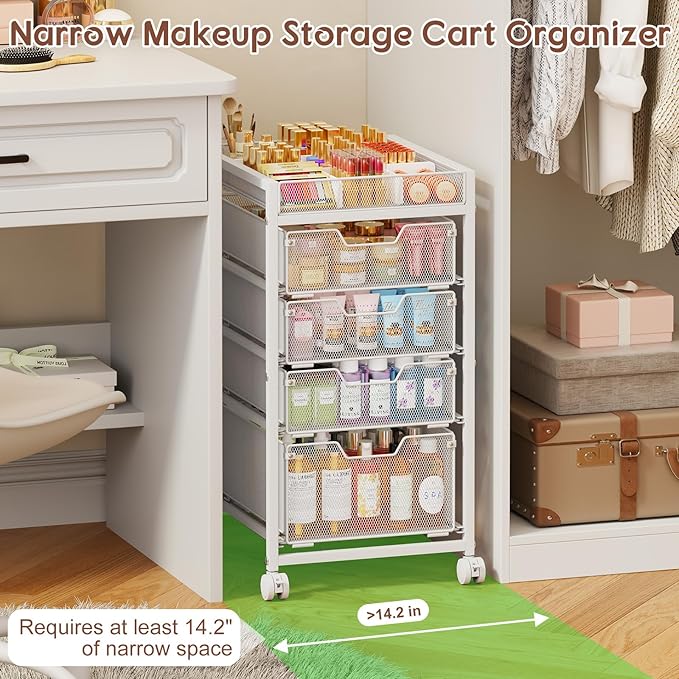 5-Tier Rolling Makeup Cart Organizer with 4 Drawers, Cosmetics Display with Dividers, Floor Skincare Storage with Wheels, Versatile Vanity Organizer for Nail Polish Perfume Brush Hair Tool, White