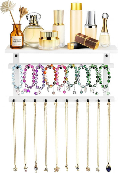 Emfogo Necklace Holder, Necklace Organizer Wall Mount Upgraded Oversized, 19 Hooks for Bracelet Necklace Storage Hanging, Jewelry Organizer Tray & Cosmetic Shelf