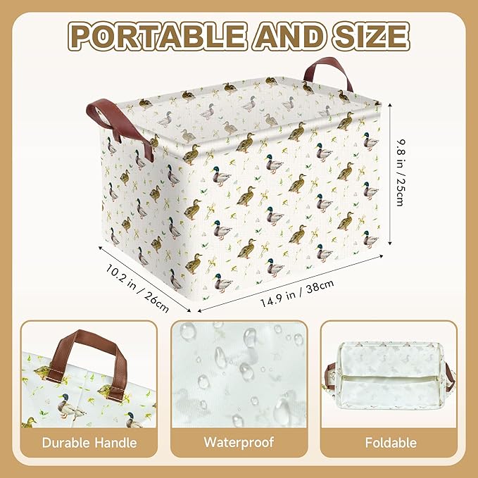 Cute Mallard Duck Storage Basket Waterproof Canvas Toy Storage Bin Mallard Duck Room Decor Collapsible Outdoor Basket with Leather Handles Duck Decor Blanket Baskets For Closets,Bedrooms,Gifts Baskets