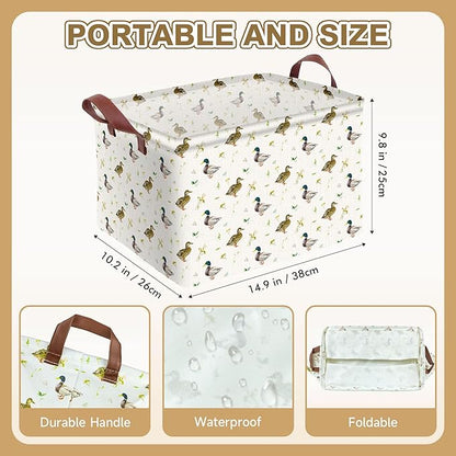 Cute Mallard Duck Storage Basket Waterproof Canvas Toy Storage Bin Mallard Duck Room Decor Collapsible Outdoor Basket with Leather Handles Duck Decor Blanket Baskets For Closets,Bedrooms,Gifts Baskets