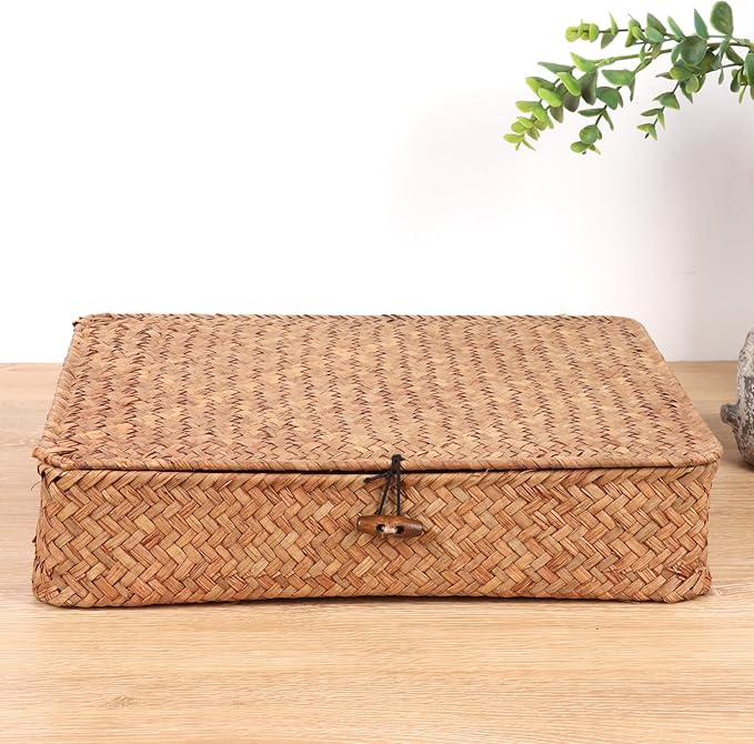 Moosky Flat Wicker Shelf Baskets with Lid, Handwoven Seagrass Basket Boxes for Storage Baskets Bins Home Decor Organizer (Coffee Set of 2)