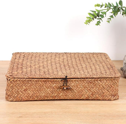 Moosky Flat Wicker Shelf Baskets with Lid, Handwoven Seagrass Basket Boxes for Storage Baskets Bins Home Decor Organizer (Coffee Set of 2)