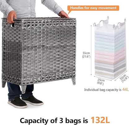 Laundry Hamper with 3 Removable Liner Bags; 132L Handwoven Rattan Laundry Basket with Lid & Heightened Feet; Clothes Hamper with Side Handles; Laundry Sorter with 3 Separate Sections
