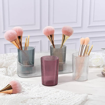 DASITON Makeup Brush Holder Organizer with 4 Cup, Vintage Striped Make Up Brush Holder for Vanity, Bathroom Toothbrush Holders, Acrylic Cosmetic Brushes Storage Organizer Pen Holder (Clear+Multicolor)
