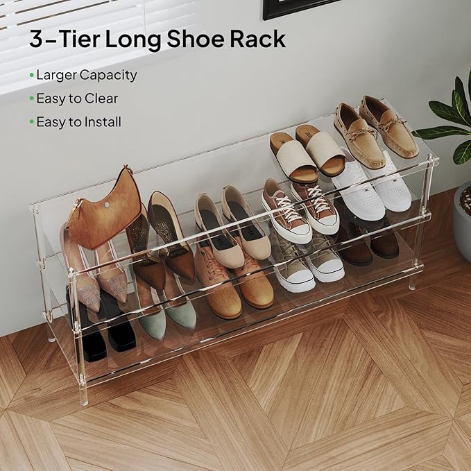 Aquiver Acrylic 3-Tier Long Shoe Rack - Clear Wide Shoe Rack for Closet - Entryway Shoe Storage Organizer - 42.7'‘ L x 11.8'' W x 20.5'' H, Easy Assembly & Clean