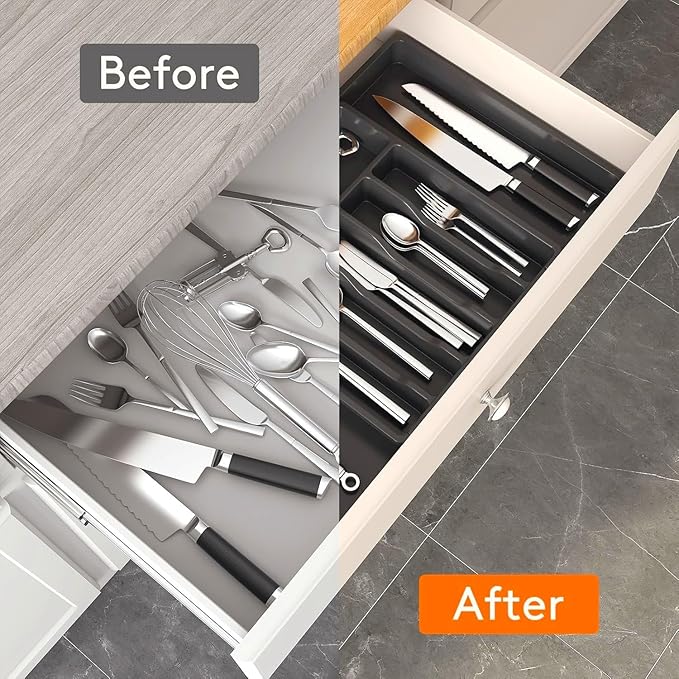 YWHWXB Silverware Drawer Organizer,Expandable Utensil Tray,Large Kitchen Drawer Organizer,Adjustable Plastic Flatware Organizer for Flatware Cutlery Spoon Knives Drawer Storage Organization (Black)