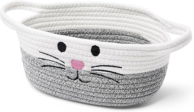 Small Woven Baskets for Organizing Rope with Handle Cute Cotton Basket for Nursery Gift Dog Cat Toy Storage Basket for Toy Organizer-Gray