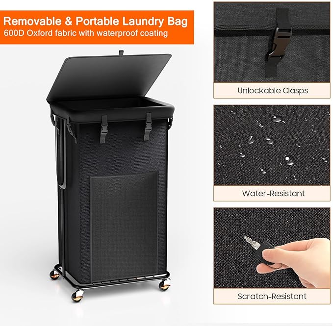 100L Laundry Hamper with Lid, Rolling Laundry Basket with Wheels, Large & Tall Dirty Clothes Hamper with Metal Frame and Removable Bag for Bedroom Aesthetic, Laundry Room, Bathroom, Dorm-Black