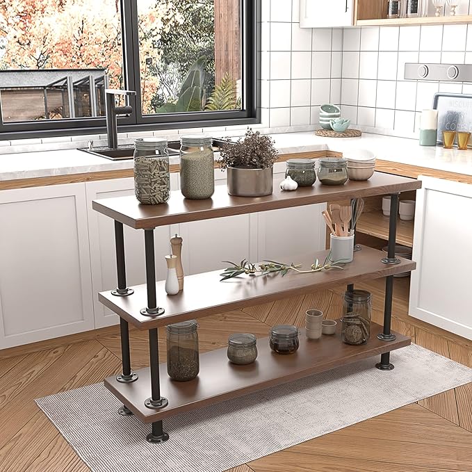 MUZIK 3-Tier Industrial Pipe Table Leg Set, Iron Base Legs Rustic Iron Pipe Shelves for Shoe Rack, Kitchen Rack, Storage Organiser, Bookcase, Wood Planks NOT Included