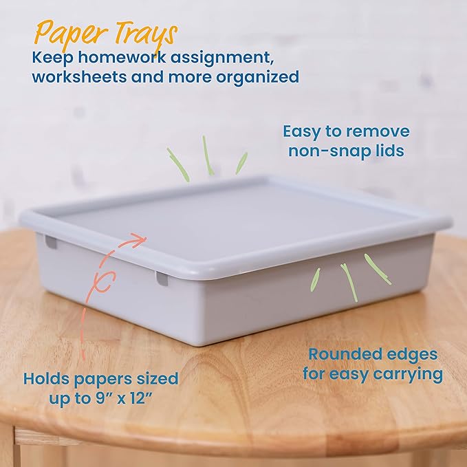 ECR4Kids Letter Size Plastic Tray Organizer with Lids, Small, Storage Bins, Light Grey, 10-Piece