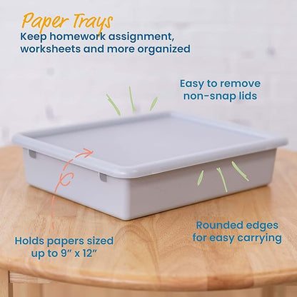 ECR4Kids Letter Size Plastic Tray Organizer with Lids, Small, Storage Bins, Light Grey, 10-Piece