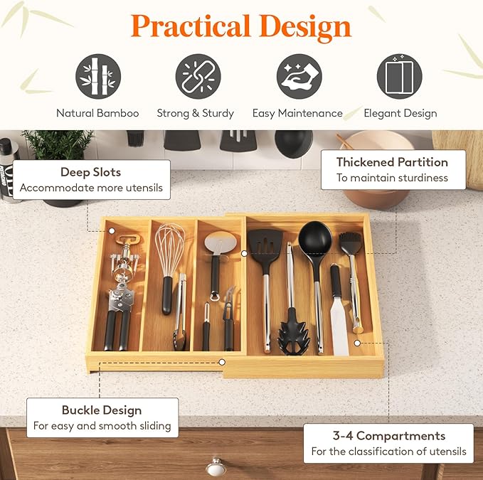 Lifewit Utensil Organizer for Kitchen Drawer, Expandable Cooking Utensil Tray, Cutlery Silverware Flatware Holder, Wood Adjustable Spatula Tools Storage Divider, 30-55 x 40cm, Natural