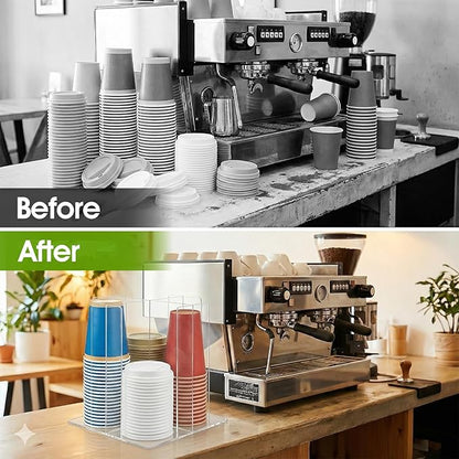 Cup and Lid Holder, 4-Compartment Clear Acrylic Cup Dispenser Lid Carousel - Countertop Coffee Cups Organizer for Restaurant, Buffet, Coffee Station, Bar, Square | Rotating