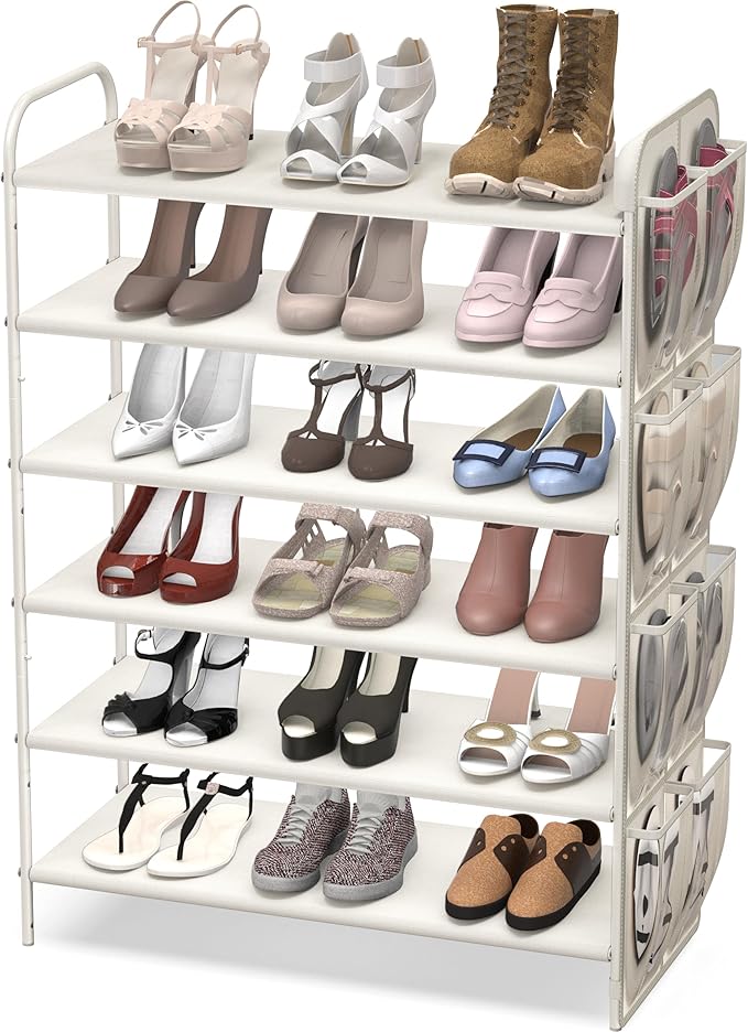 Simple Houseware 6-Tier Shoe Rack Storage Organizer w/Side Hanging Bag, White
