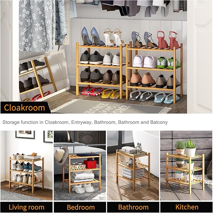 3-Tier Small Shoe Rack for Entryway, Stackable | Heavy Duty | Multi-Function, Bamboo Free Standing Shoe Racks for Bedroom Hallway Closet