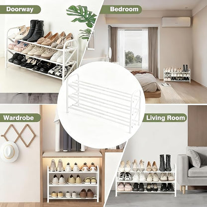 3-Tier Shoe Rack for Closet, 16"-32" Expandable ShoeRackAdjustable for Entryway Closet Doorway SturdyMetal, White