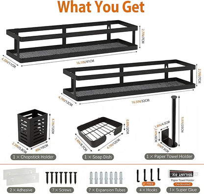 PUSDON 5-in-1 16.5" Extra Long Kitchen Organizer & Shower Caddy Set, Wall Mount Spice Rack with Paper Towel Holder, Utensil Holder & Soap Dish, Rustproof Mesh - Matte Black, Guardrail