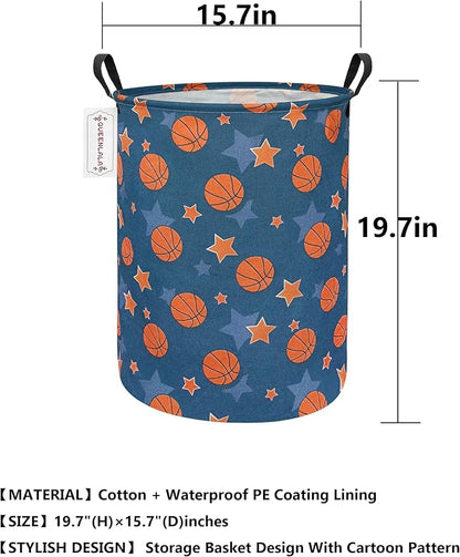 QUEENLALA Large Storage Basket,Laundry Hamper/Bathroom/Home Decor/Collapsible Round Storage Bin,Boys and Girls Hamper/Boxes/Clothing(Round-Basketball)