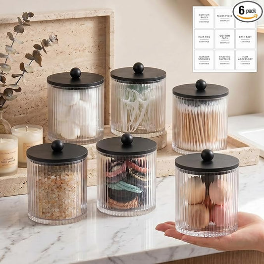 Yaomiao 6 Pcs Ribbed Bathroom Canisters Apothecary Jars with Black Bamboo Lids and Label Stickers, 18 oz Plastic Canister with Fluted Design for Cotton Ball, Swab, Floss Picks House Storage