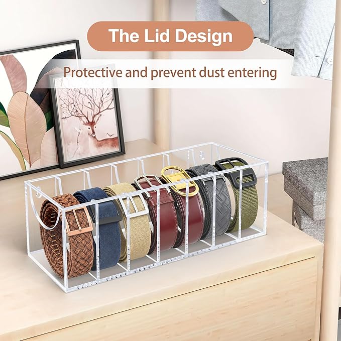 Belt Organizer, Acrylic Belt Storage Organizer for Closet with Dust Cover and Drawer,7 Compartments Transparent Display Case for Belts Best Gift for Men And Husband