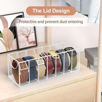 Belt Organizer, Acrylic Belt Storage Organizer for Closet with Dust Cover and Drawer,7 Compartments Transparent Display Case for Belts Best Gift for Men And Husband