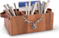 Vagabond House Caddy Rectangle Acacia Wood Flatware/Serve ware/Utensil/Carry-All Holder with Solid Pewter Rustic Elk Accent Real Leather Handles, 3 Small and 1 Larger Compartment 13 inch Long