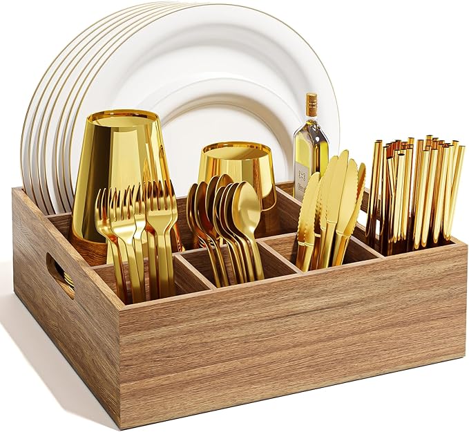 Acacia Wood Utensil Holder for Party, Paper Plate and Utensil Holder Caddy for Countertop, Kitchen Silverware Organizer Dispenser for Spoon, Napkin, Cup, Cutlery Holders for Outdoor, Camping, Picnic
