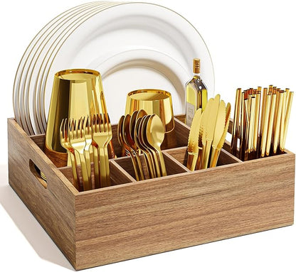Acacia Wood Utensil Holder for Party, Paper Plate and Utensil Holder Caddy for Countertop, Kitchen Silverware Organizer Dispenser for Spoon, Napkin, Cup, Cutlery Holders for Outdoor, Camping, Picnic