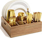 Acacia Wood Utensil Holder for Party, Paper Plate and Utensil Holder Caddy for Countertop, Kitchen Silverware Organizer Dispenser for Spoon, Napkin, Cup, Cutlery Holders for Outdoor, Camping, Picnic