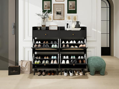 ZeHuoGe Natural Rattan Shoe Cabinet with 2 Flip Drawers, Black Shoe Rack Storage Cabinet for Heels, Slippers, Free Standing Shoe Rack for Entrance Hallway (Black)