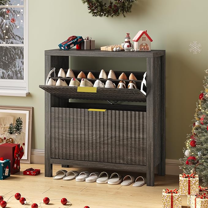 YOMILUVE Shoe Cabinet Storage for Entryway, Fluted Shoe Cabinet with 2 Flip Drawers, Hidden Shoe Rack Tall Freestanding Shoe Organizer with Legs for Hallway, Dark Gray