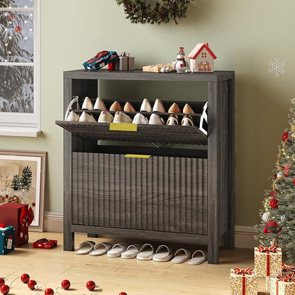 YOMILUVE Shoe Cabinet Storage for Entryway, Fluted Shoe Cabinet with 2 Flip Drawers, Hidden Shoe Rack Tall Freestanding Shoe Organizer with Legs for Hallway, Dark Gray