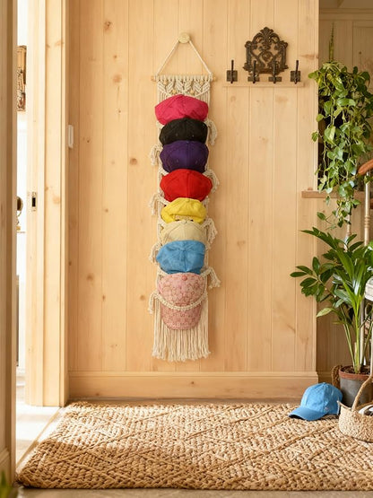 8-Tier Macrame Baseball Cap Organizer With Boho Hooks—Handwoven Boho Cap Holder,Macrame Hat Hangers-Space Saving Wall Storage for Living Room, Bedroom, Entryway