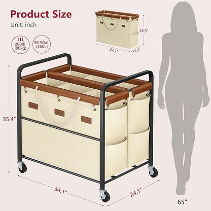 Tajsoon 350L Extra Large Laundry Hamper 6 Section, Heavy Duty Laundry Cart with Wheels, Commercial Laundry Sorter with Sturdy Metal Frame, Removable Bags & Leather Patchwork, Beige