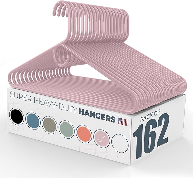 Super Heavy Duty Clothes Hangers 100+ Pack (162 Count) – Made in the USA - 10lb Capacity, Thick Plastic Hangers for Pants, Coats, Jackets, Jeans and Adult Clothing – Pink