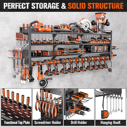 49.8" W Large Power Tool Organizer Wall Mount, Heavy Duty Tool Organizer with 14 cordless Drill Holder, 4 Layers Garage Organization and Storage Rack, Tool Rack for Garage Workshop, Black