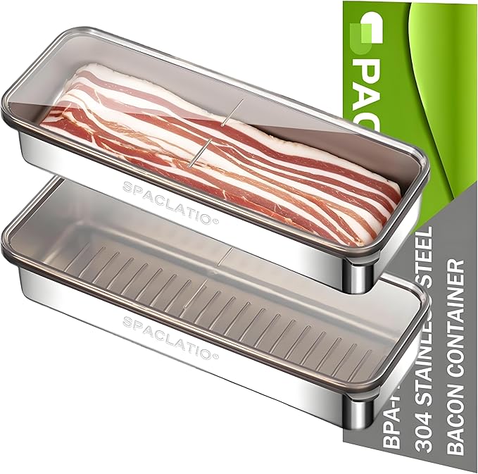 2 Pack Bacon Container for Refrigerator, 304 Stainless Steel Airtight Deli Meat Storage Containers with Lids for Fridge, Dishwasher Safe Food StorageContainers Fridge Organizers and Storage(46 OZ)