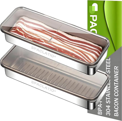 2 Pack Bacon Container for Refrigerator, 304 Stainless Steel Airtight Deli Meat Storage Containers with Lids for Fridge, Dishwasher Safe Food StorageContainers Fridge Organizers and Storage(46 OZ)