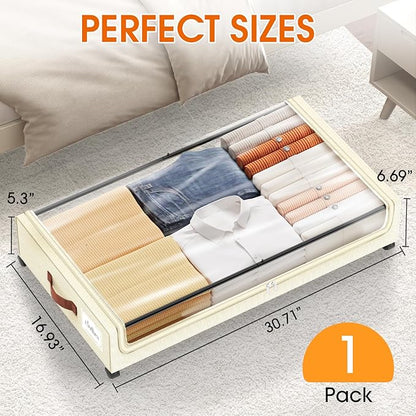 SpaceHacks Under Bed Storage with Wheels 1Pack Underbed Storage with Clear Window&Label Under Bed Drawers Large Capacity Rolling Under Bed Storage for Clothes,Shoes, Blankets (Beige)
