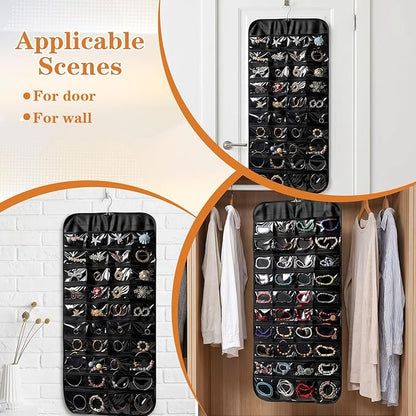 4 Pcs Hanging Jewelry Organizer, Double-Sided Earring Holder with 80 Clear Pockets Black Jewelry Storage Roll with Rotatable Hanger for Earrings, Necklaces, Rings, Bracelets on Closet, Wall, Door