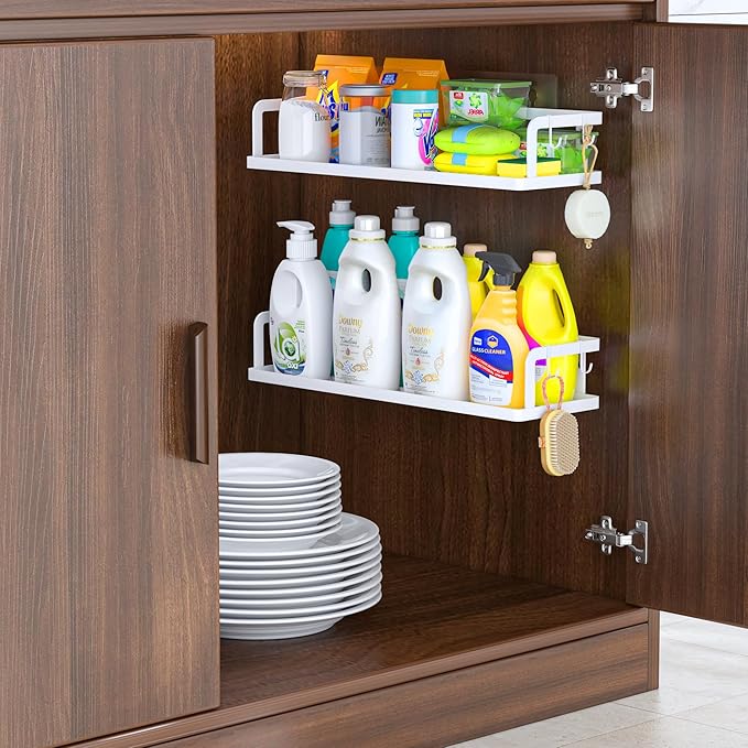 PUSDON 2-Pack 16.5" Extra Long Slim Hollowout Shower Caddy, Wall Mount Spice Rack & Bathroom Organizer, Mesh Bottom Cabinet Door Shelf Holds 50LBS - White, Hollowout