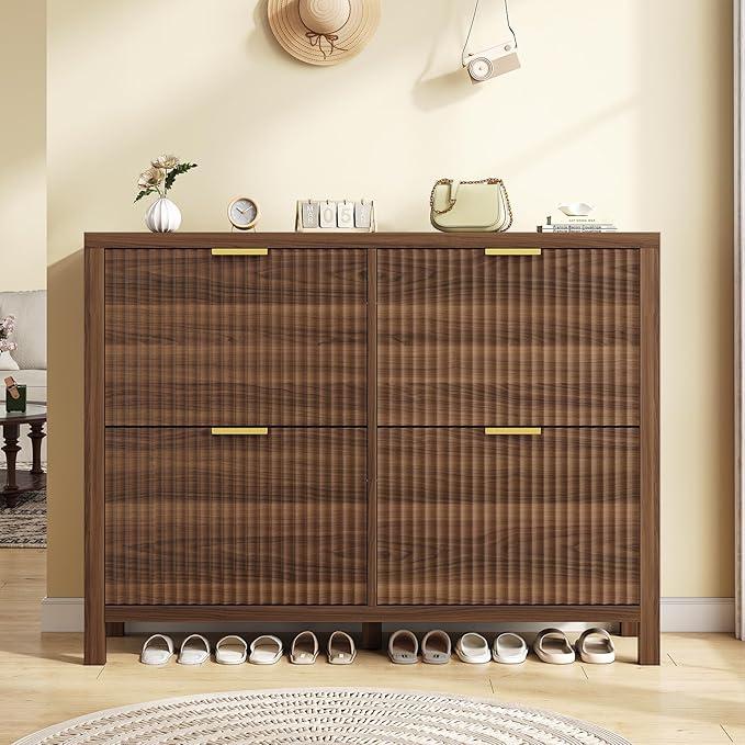 YOMILUVE Shoe Cabinet Storage for Entryway, Fluted Shoe Cabinet with 4 Flip Drawers, Hidden Shoe Rack Freestanding Wooden Shoe Organizer with Legs for Hallway, Walnut